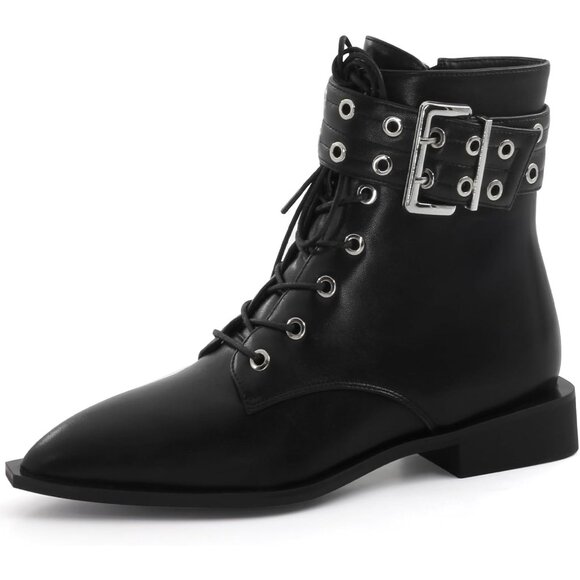 ⚡Women's Black Pu Halloween Ankle Boots Pointed Toe Chunky Heel Boots Buckles - Picture 1 of 4